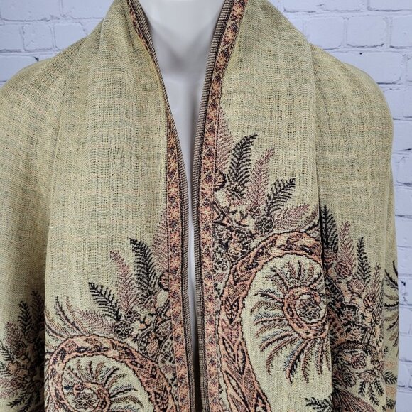 Pashmina Tan Multicolor Silk Paisley Floral Fringe Rectangle Scarf Wrap 70x27" - Picture 3 of 8